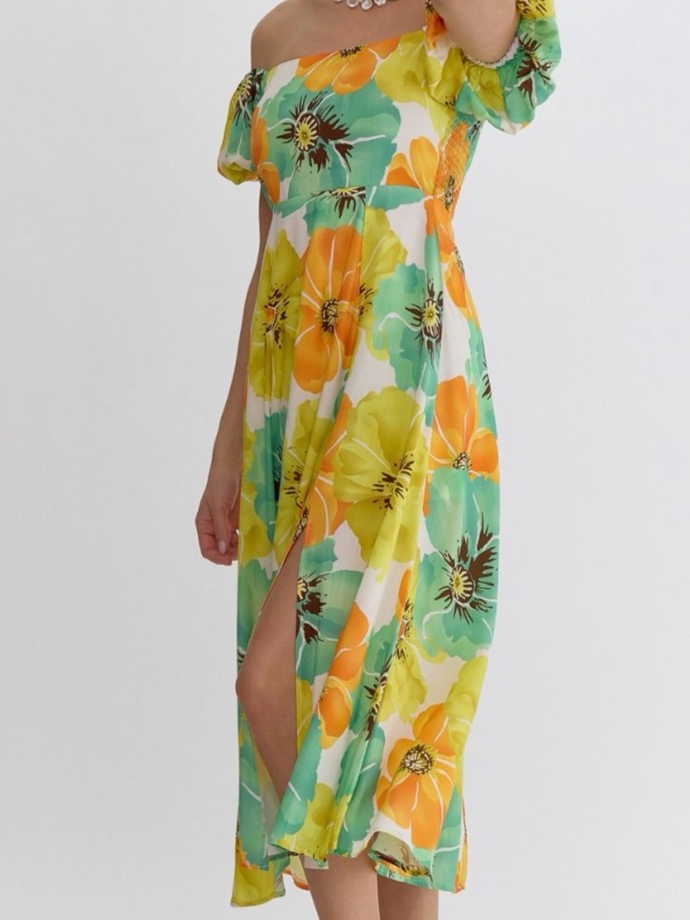 entro Yellow, Teal & Orange Off-Shoulder Maxi Dress - Picture 3 of 7